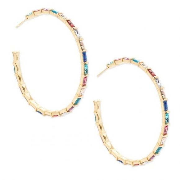 Kendra Scott Multi Color Baguette Crystal Gold Tone Hoop Statement Earrings - Picture 4 of 4